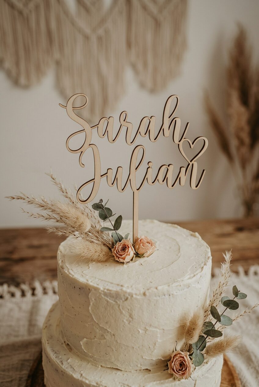 Caketopper mit den Namen des Brautpaares auf einer Hochzeitstorte