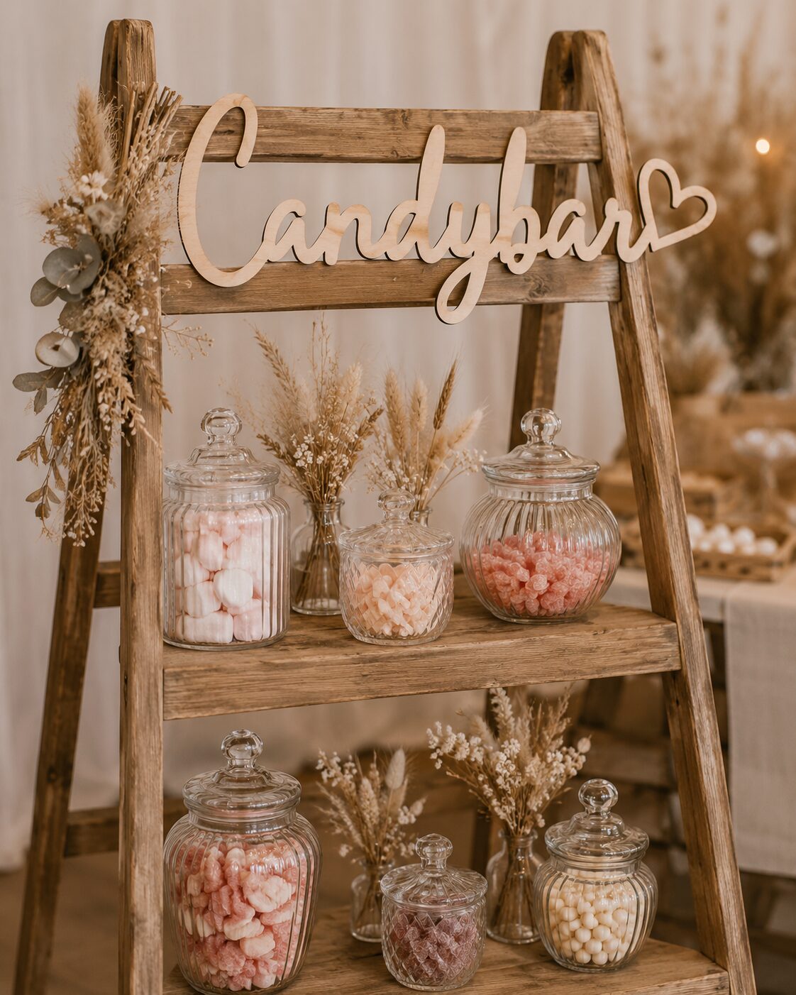 Candybar-Schild aus Holz an einer Leiter mit Süßigkeitengläsern