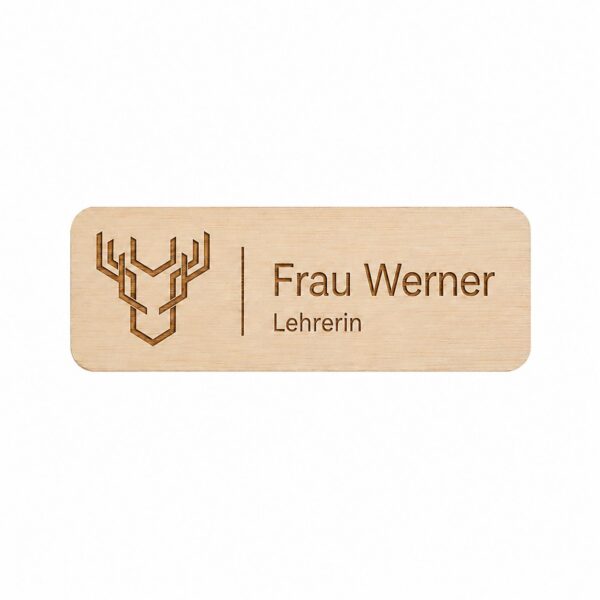 Namensschild aus Holz mit Name und Logo, freigestellt