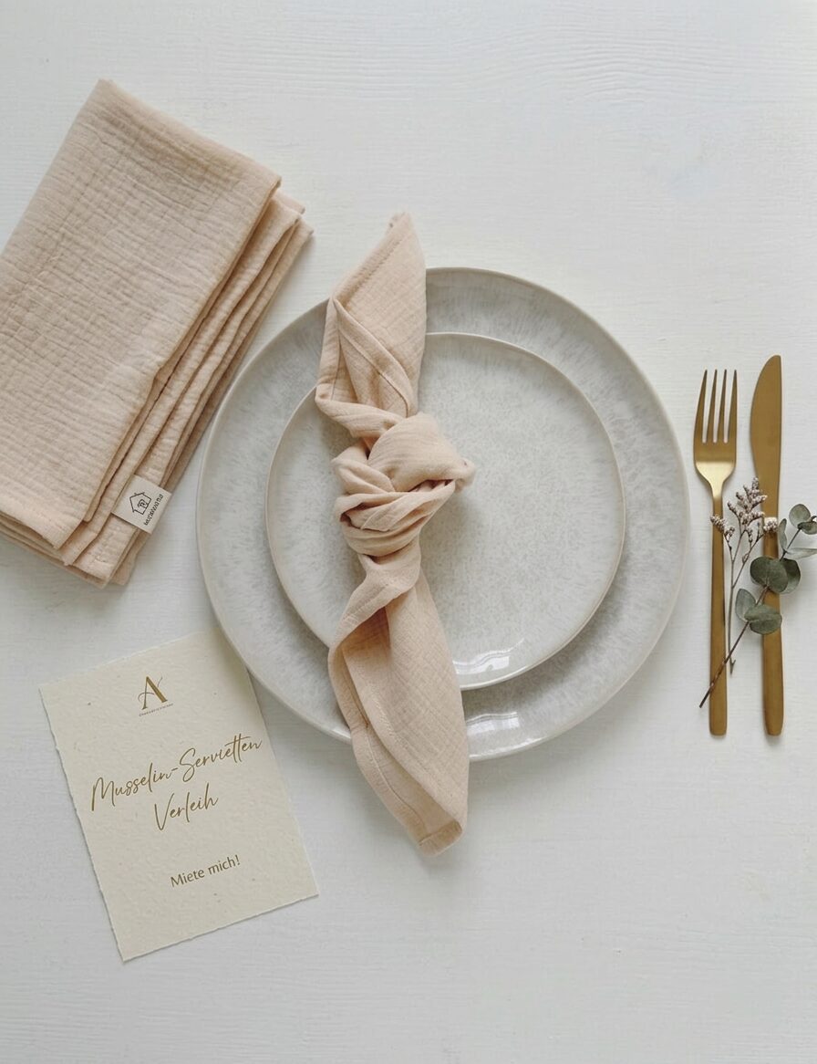 Helle Musselinserviette mit Serviettenring auf einem Hochzeitsteller