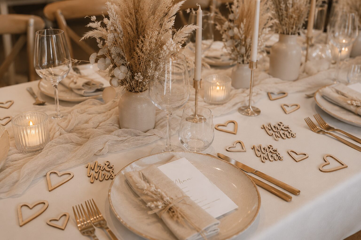 Streudeko aus hellem Holz auf einem Hochzeitstisch â Ansicht 3